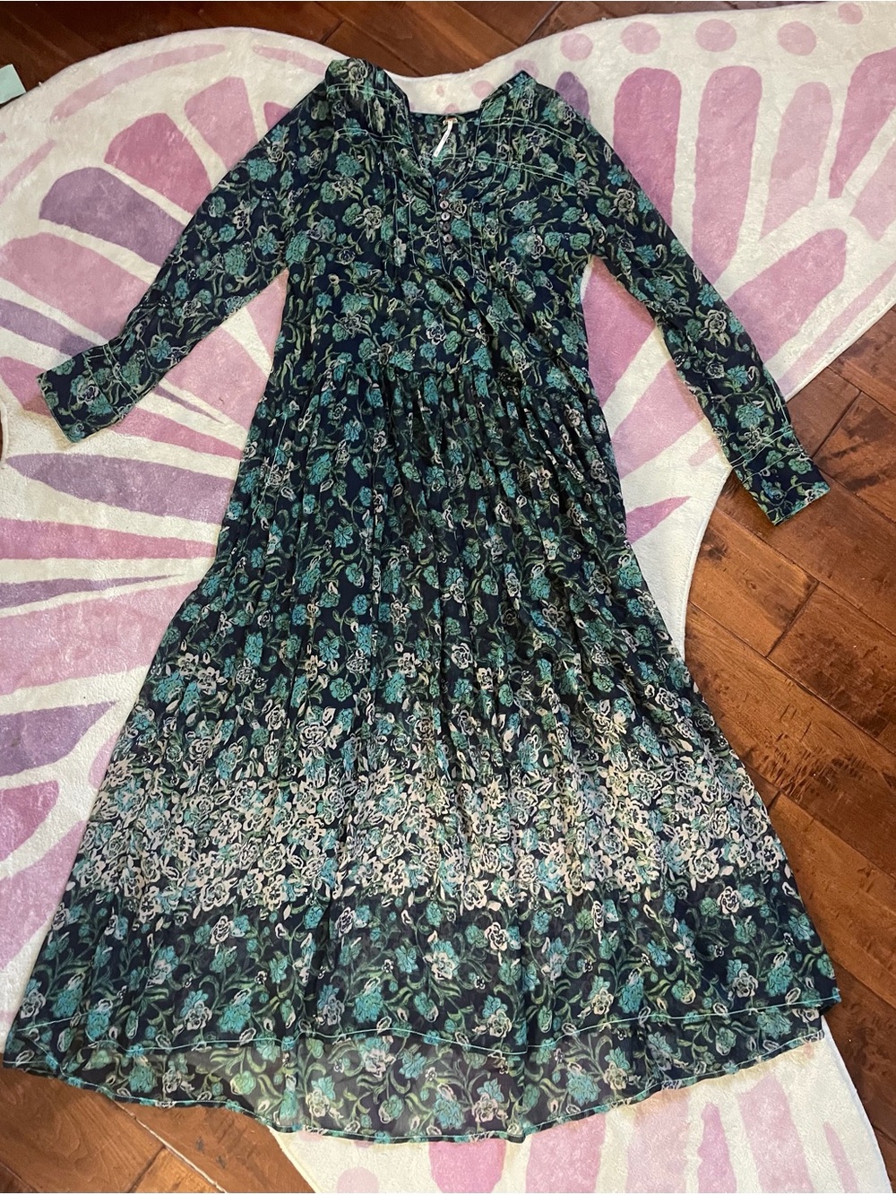 Free People Floral V-Neck Long Sleeve Maxi Dress in Teal and Black size XS
